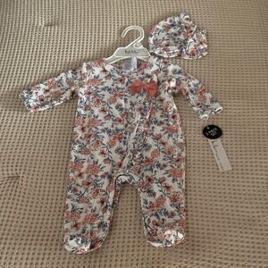 Nicole Miller - Floral Footed One-Piece with Hat - Cream & Coral